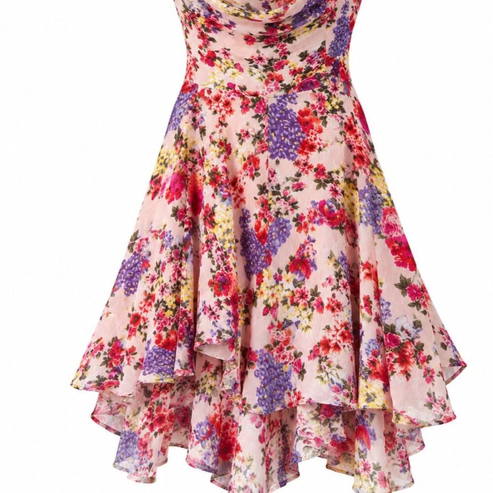 Free People Pink Multicolor Floral Halter High Low Midi Dress L Boho Y2K
